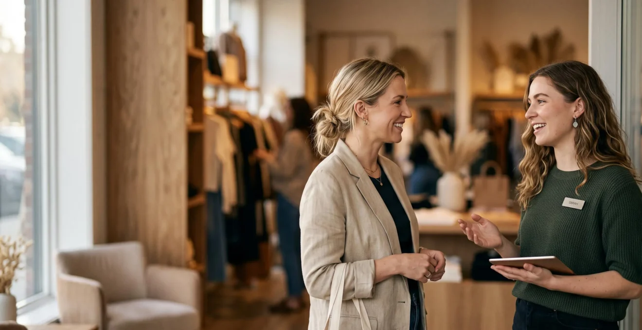 Vendeuse souriante accueillant chaleureusement une cliente à l'entrée d'une boutique lumineuse