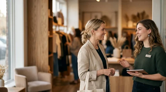 Vendeuse souriante accueillant chaleureusement une cliente à l'entrée d'une boutique lumineuse