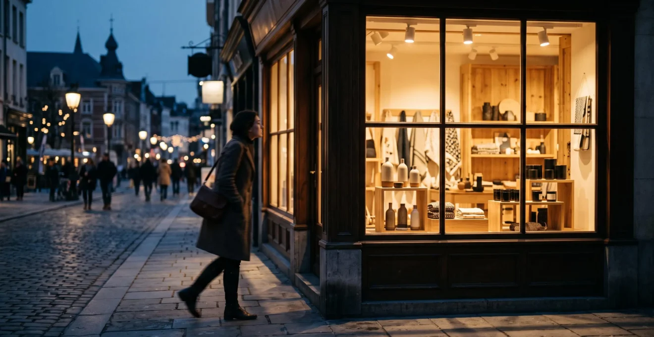 Vitrine de boutique élégante avec présentoirs PLV soigneusement éclairés attirant le regard des passants