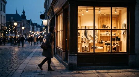 Vitrine de boutique élégante avec présentoirs PLV soigneusement éclairés attirant le regard des passants