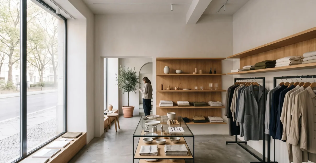 Intérieur d'une boutique de 100 m² agencée avec du mobilier simple et cohérent, illustrant un aménagement réussi à petit budget