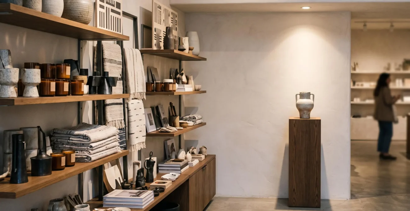 Mur d'agencement de boutique avec une zone de mise en scène produit stratégique illustrant la rentabilité au mètre linéaire