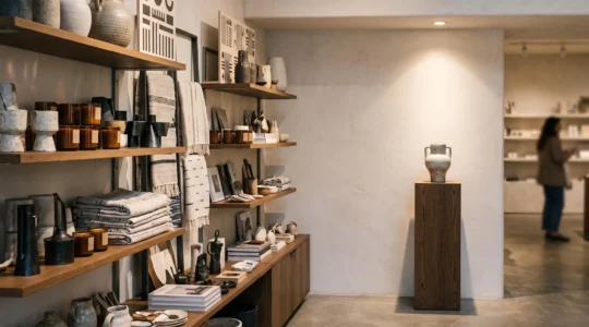 Mur d'agencement de boutique avec une zone de mise en scène produit stratégique illustrant la rentabilité au mètre linéaire