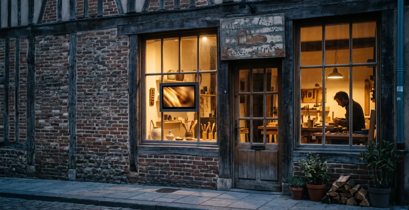 Vitrine d'atelier artisanal avec un écran discret diffusant un geste de savoir-faire, mêlant tradition et modernité