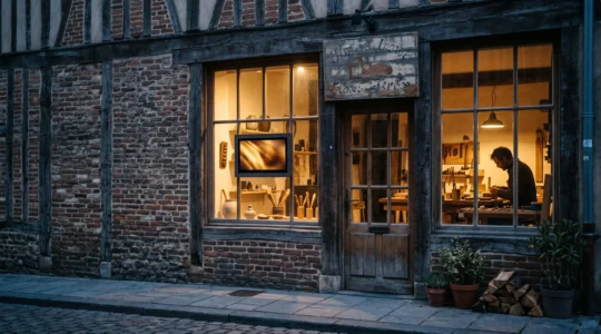 Vitrine d'atelier artisanal avec un écran discret diffusant un geste de savoir-faire, mêlant tradition et modernité