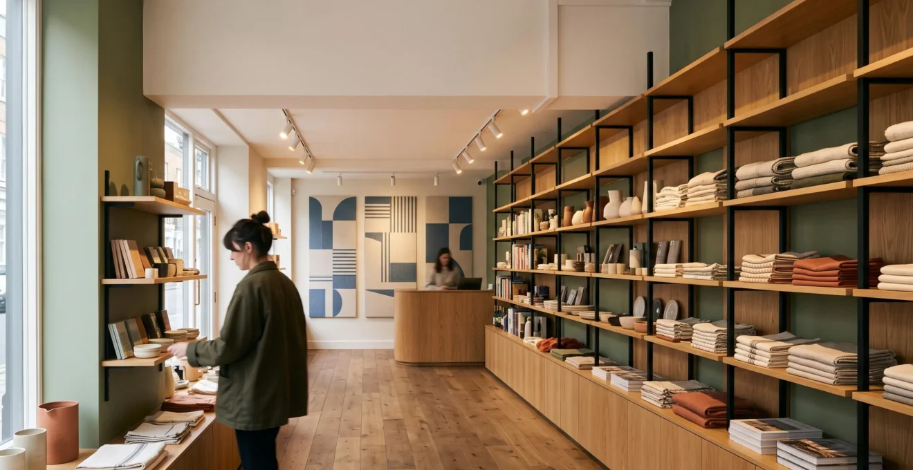 Intérieur d'une petite boutique de moins de 100 m² agencée avec un mobilier mural exploitant toute la hauteur pour maximiser l'espace de vente