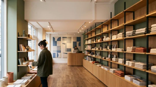 Intérieur d'une petite boutique de moins de 100 m² agencée avec un mobilier mural exploitant toute la hauteur pour maximiser l'espace de vente
