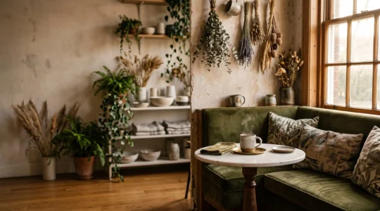 Coin d'un café de quartier chaleureux et soigné, avec une banquette en velours, une lumière douce et une composition invitant à la photo