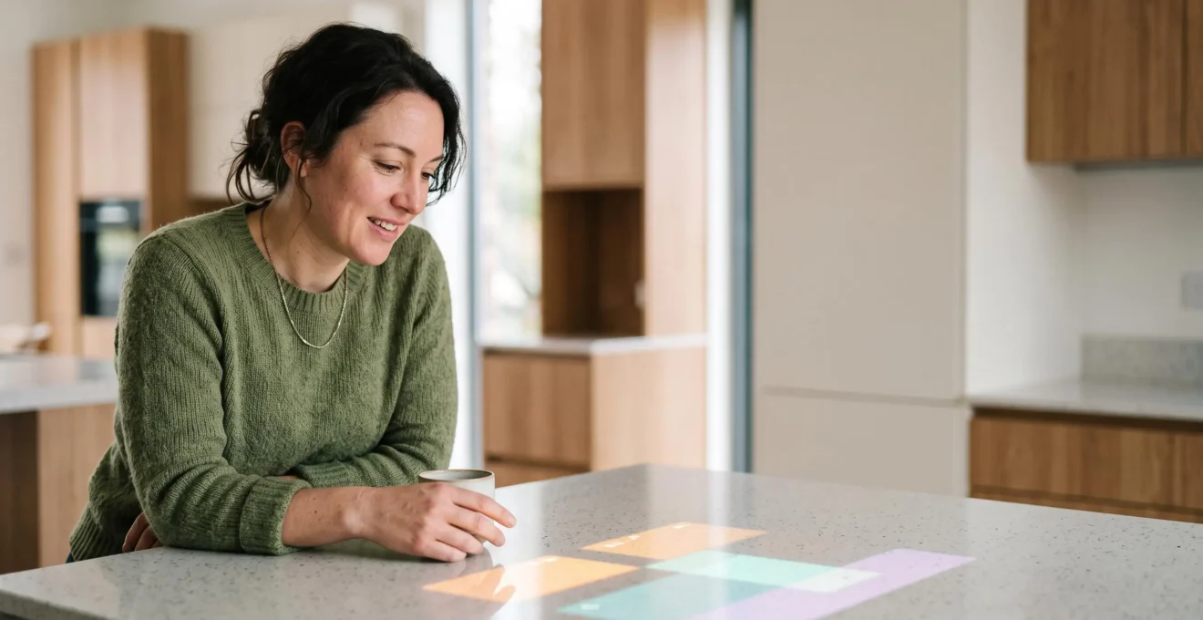Client souriant dans un showroom de cuisine, éclairé par une projection numérique colorée symbolisant la personnalisation 3D de son futur agencement