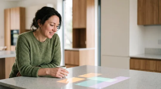 Client souriant dans un showroom de cuisine, éclairé par une projection numérique colorée symbolisant la personnalisation 3D de son futur agencement