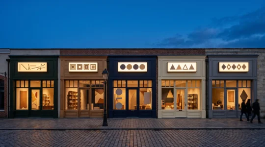 Vue nocturne d'une rangée de façades commerciales dont les enseignes lumineuses partagent la même intensité et la même teinte de blanc