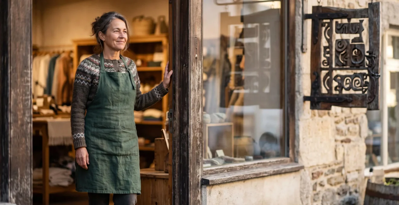 Commerçant souriant appuyé contre l'encadrement de sa boutique, sous une enseigne artisanale gravée qui reflète son identité