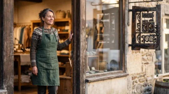 Commerçant souriant appuyé contre l'encadrement de sa boutique, sous une enseigne artisanale gravée qui reflète son identité