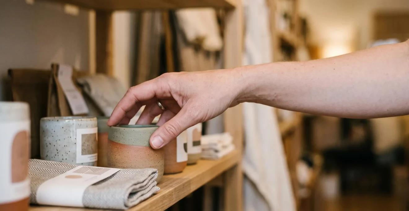 Client hésitant la main suspendue au-dessus d'un produit en boutique, symbolisant le doute juste avant l'achat
