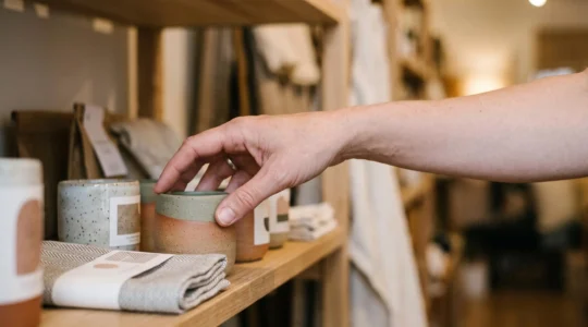 Client hésitant la main suspendue au-dessus d'un produit en boutique, symbolisant le doute juste avant l'achat
