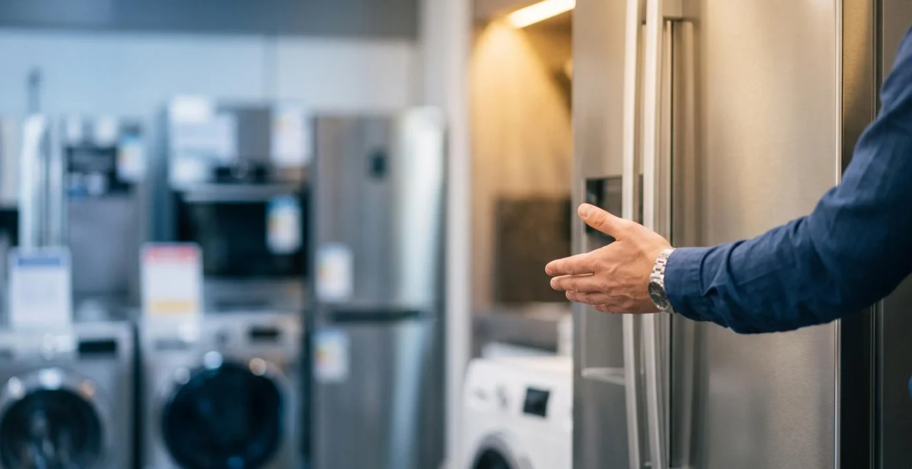 Conseiller en magasin d'électroménager expliquant un appareil à un client, symbolisant la transformation des caractéristiques techniques en argument de vente