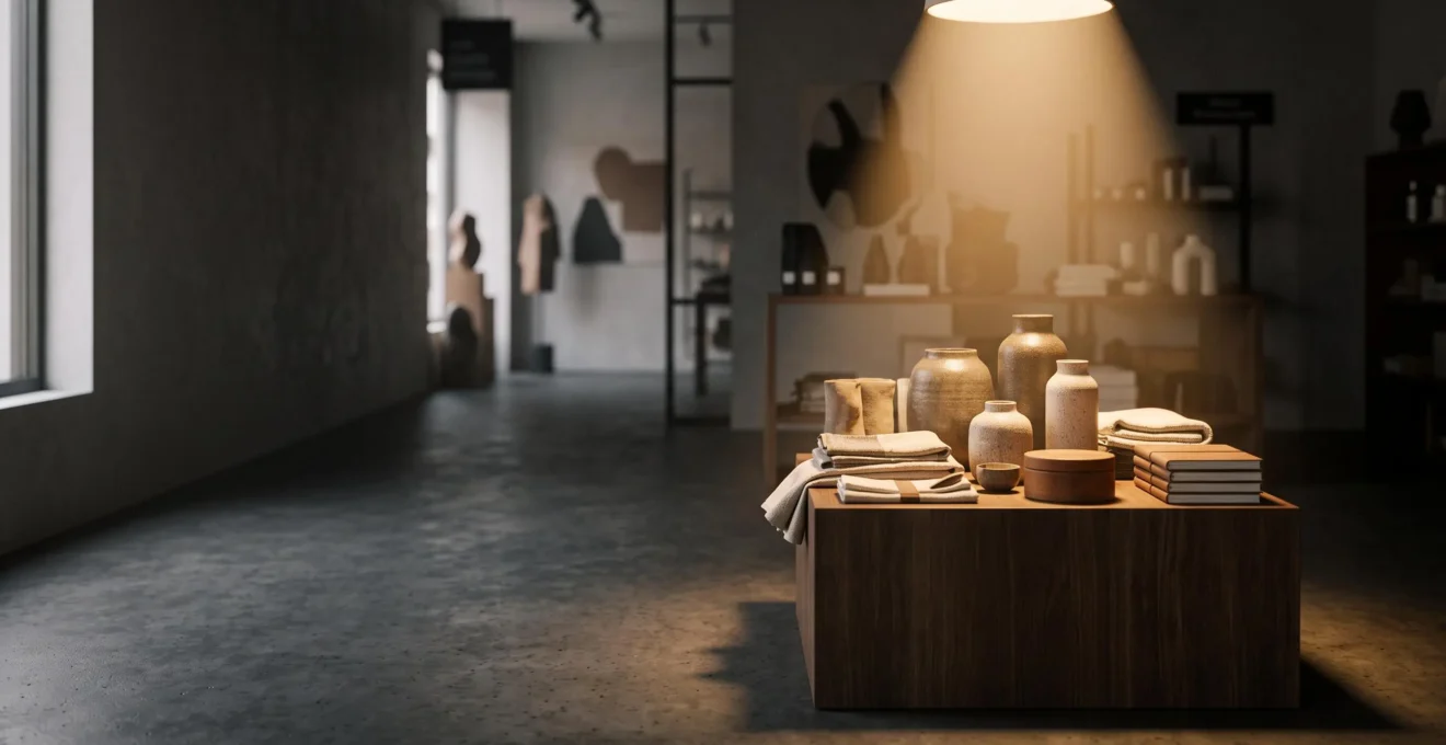 Vitrine de boutique baignée d'une lumière douce et bien dosée qui met en valeur les produits sans éblouir