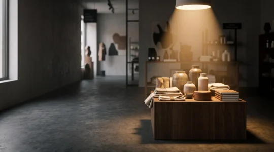 Vitrine de boutique baignée d'une lumière douce et bien dosée qui met en valeur les produits sans éblouir