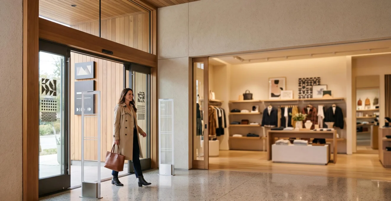 Entrée de boutique élégante et chaleureuse avec un système de sécurité discret intégré au décor