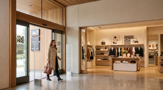 Entrée de boutique élégante et chaleureuse avec un système de sécurité discret intégré au décor
