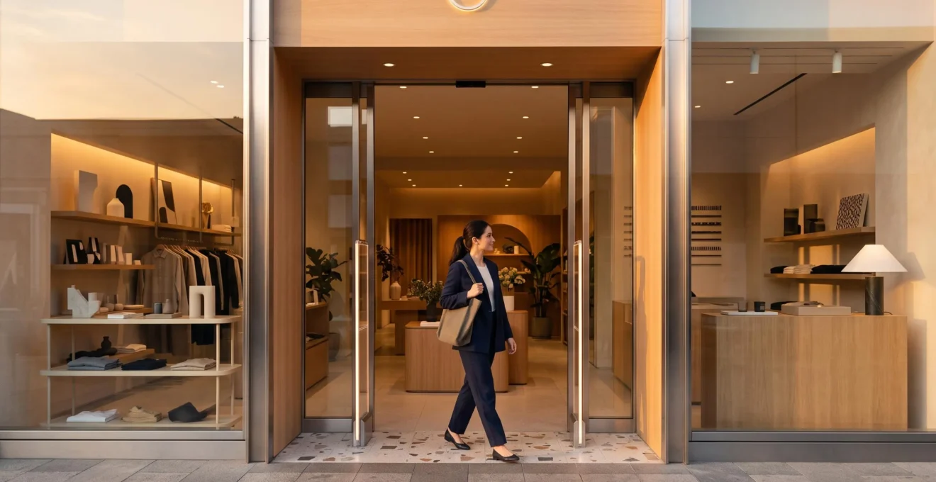 Entrée de commerce élégante et lumineuse où la sécurité invisible protège les produits sans jamais fouiller les clients