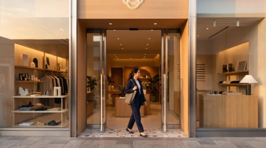 Entrée de commerce élégante et lumineuse où la sécurité invisible protège les produits sans jamais fouiller les clients
