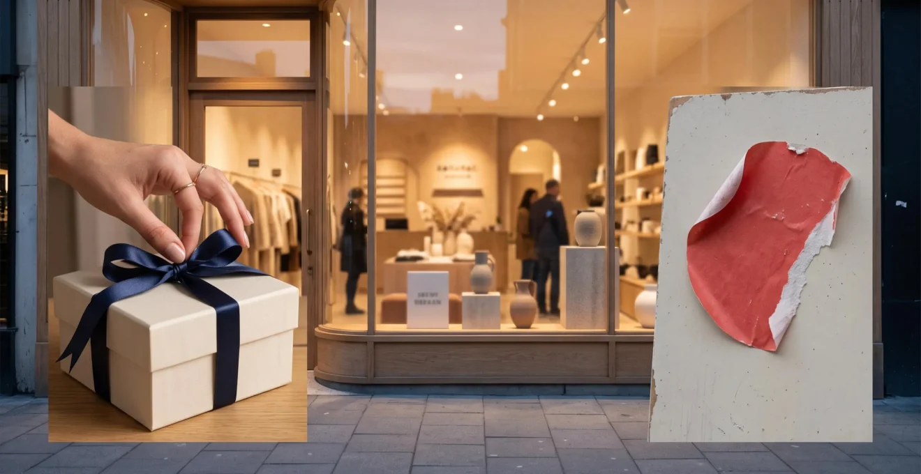 Vitrine de boutique elegante ou une main noue un ruban dore autour d'un ecrin minimaliste, symbolisant l'equilibre entre promotion commerciale et image haut de gamme