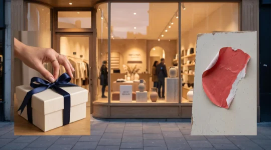Vitrine de boutique elegante ou une main noue un ruban dore autour d'un ecrin minimaliste, symbolisant l'equilibre entre promotion commerciale et image haut de gamme