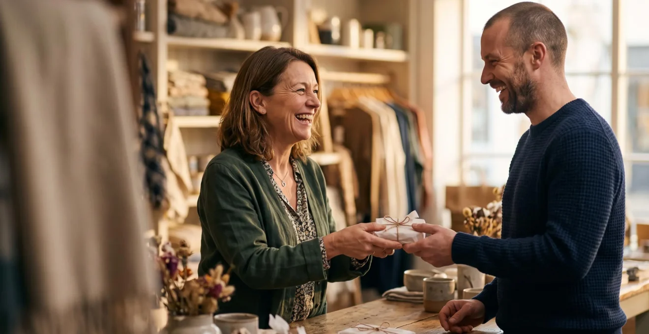 Vendeuse et cliente partageant un moment complice et sincère au comptoir d'une boutique, symbole d'une expérience mémorable