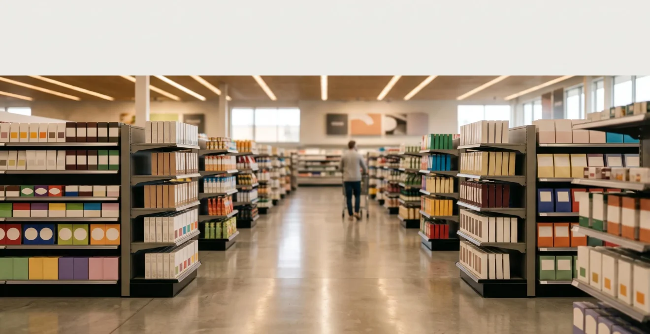 Allée de supermarché avec gondoles basses permettant une vue dégagée sur plusieurs rayons et une circulation fluide des clients