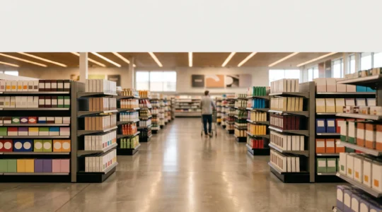 Allée de supermarché avec gondoles basses permettant une vue dégagée sur plusieurs rayons et une circulation fluide des clients