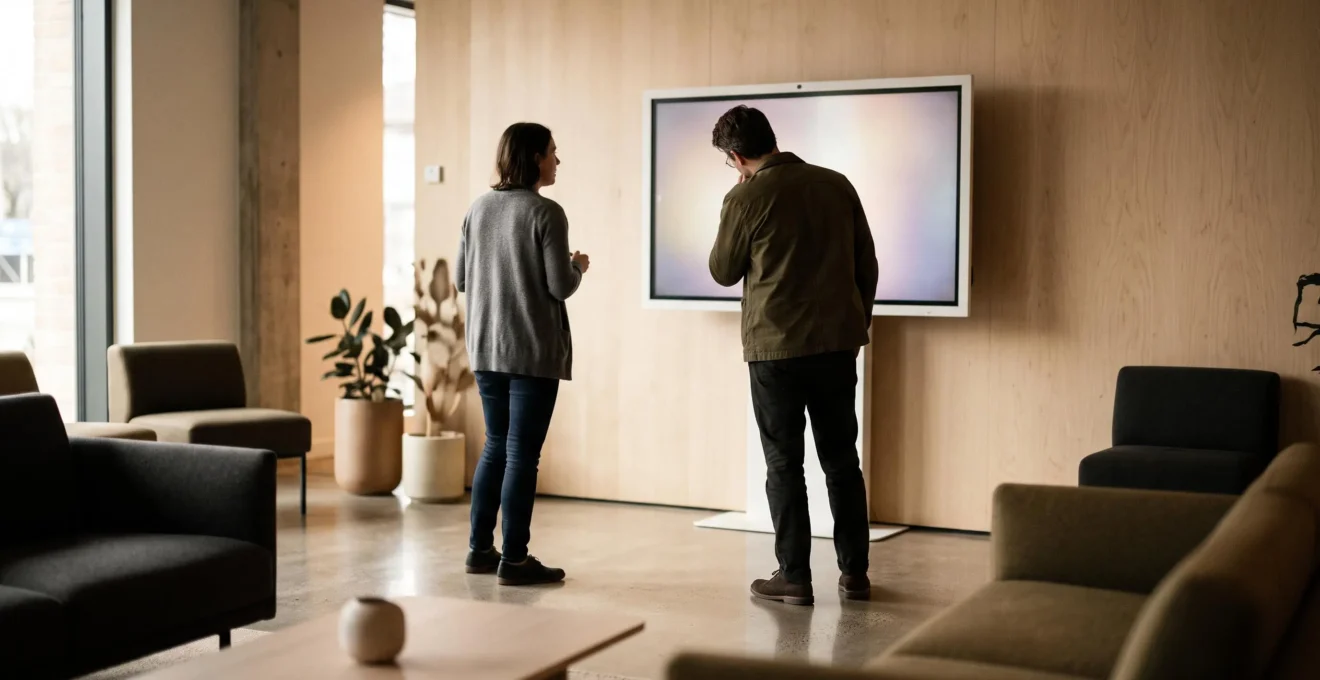 Grand écran d'affichage dynamique captant l'attention de visiteurs dans un espace commercial élégant