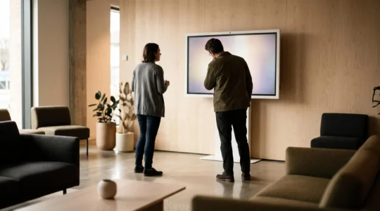 Grand écran d'affichage dynamique captant l'attention de visiteurs dans un espace commercial élégant
