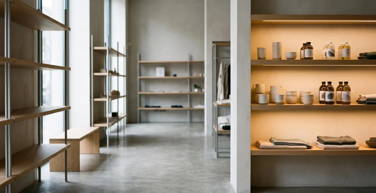 Intérieur de boutique épuré où un unique produit éclairé attire le regard au milieu d'un rayonnage neutre et ordonné