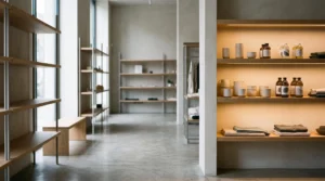 Intérieur de boutique épuré où un unique produit éclairé attire le regard au milieu d'un rayonnage neutre et ordonné