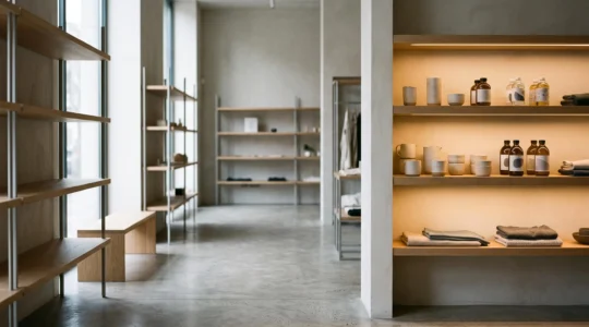 Intérieur de boutique épuré où un unique produit éclairé attire le regard au milieu d'un rayonnage neutre et ordonné