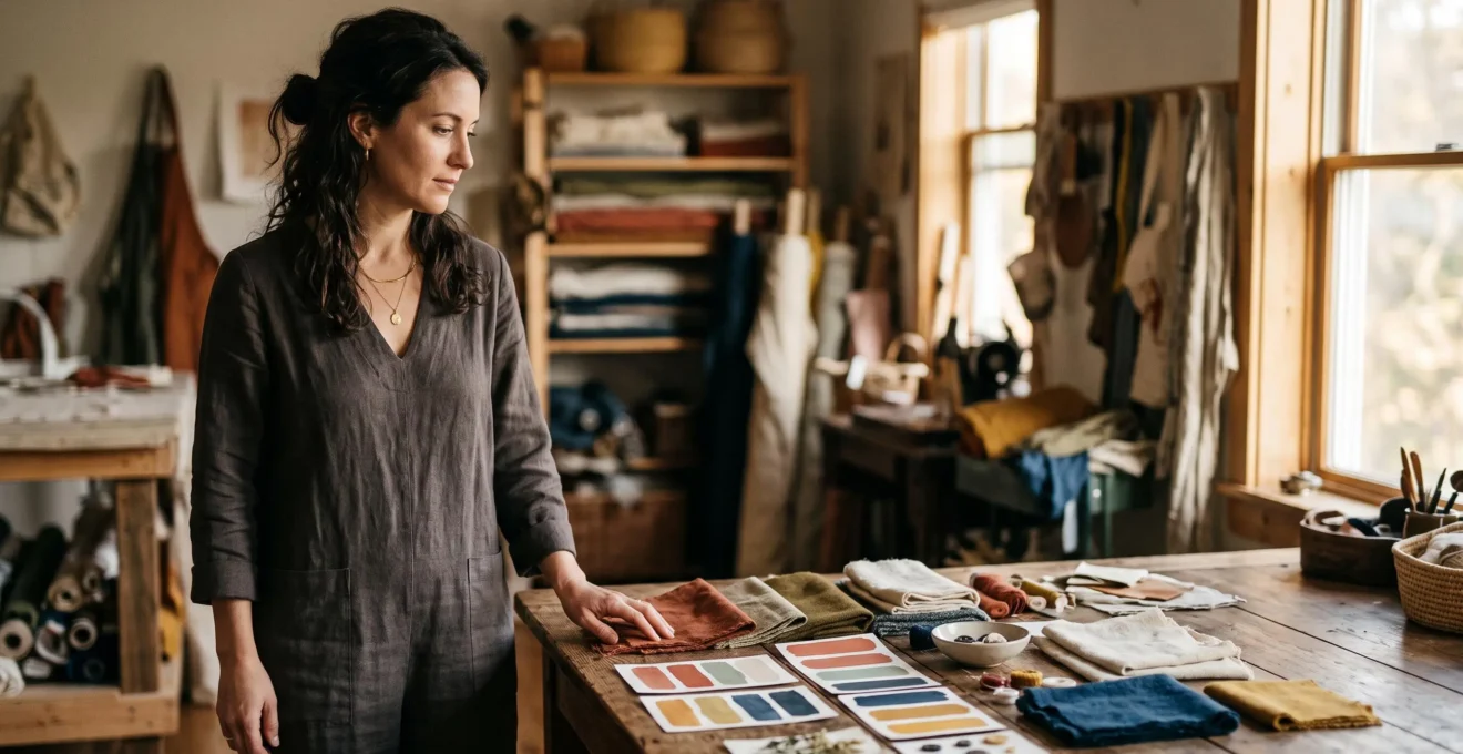 Un commerçant observe des échantillons de couleurs et de matières dans sa boutique, symbolisant la construction d'une identité de marque authentique