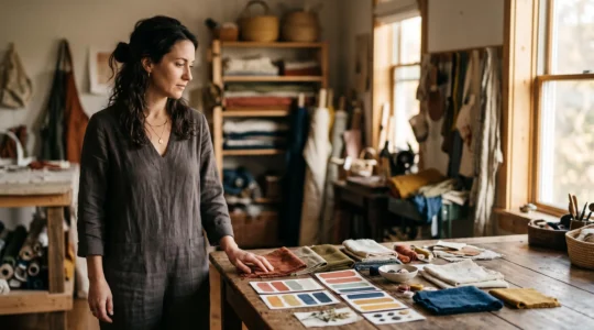 Un commerçant observe des échantillons de couleurs et de matières dans sa boutique, symbolisant la construction d'une identité de marque authentique