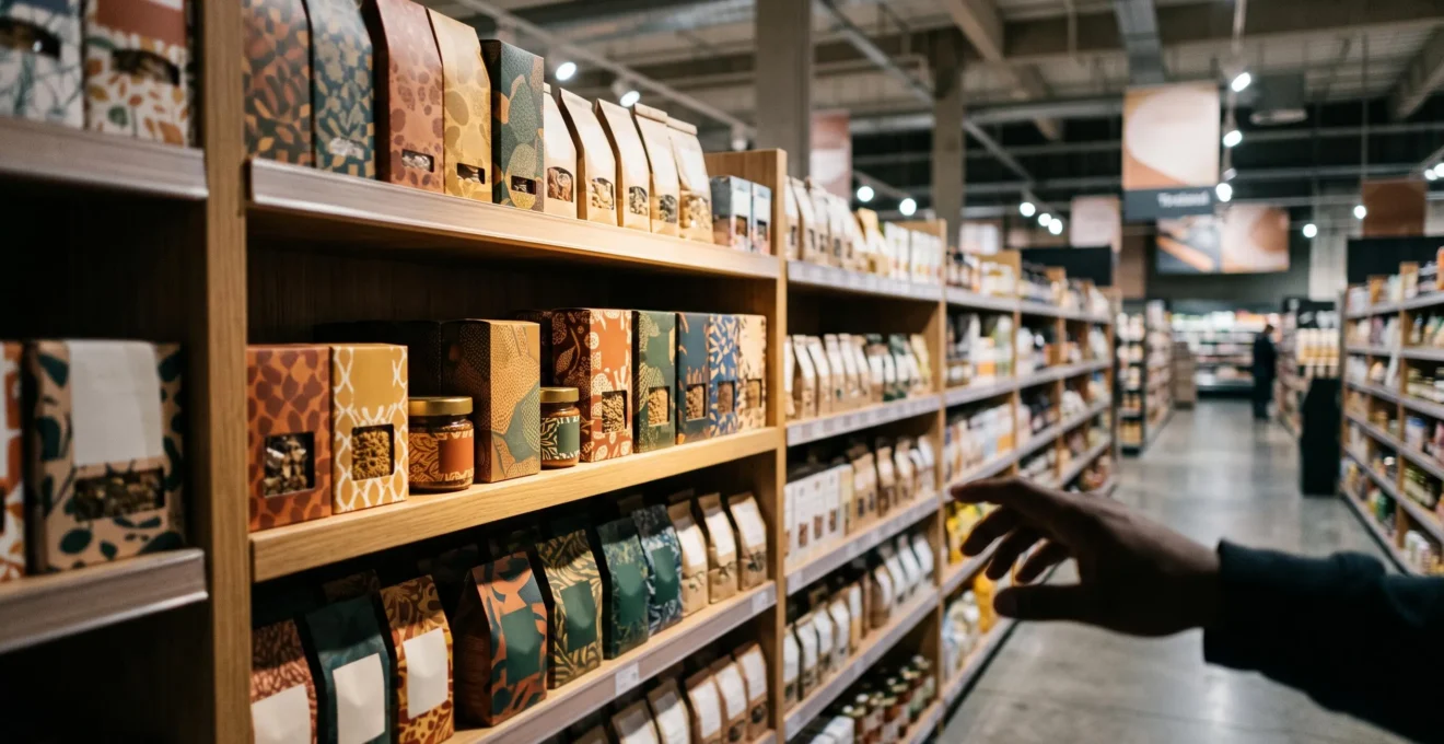 Rayon de supermarché avec un produit unique mis en valeur par un éclairage ciblé, illustrant l'impact du placement stratégique en merchandising