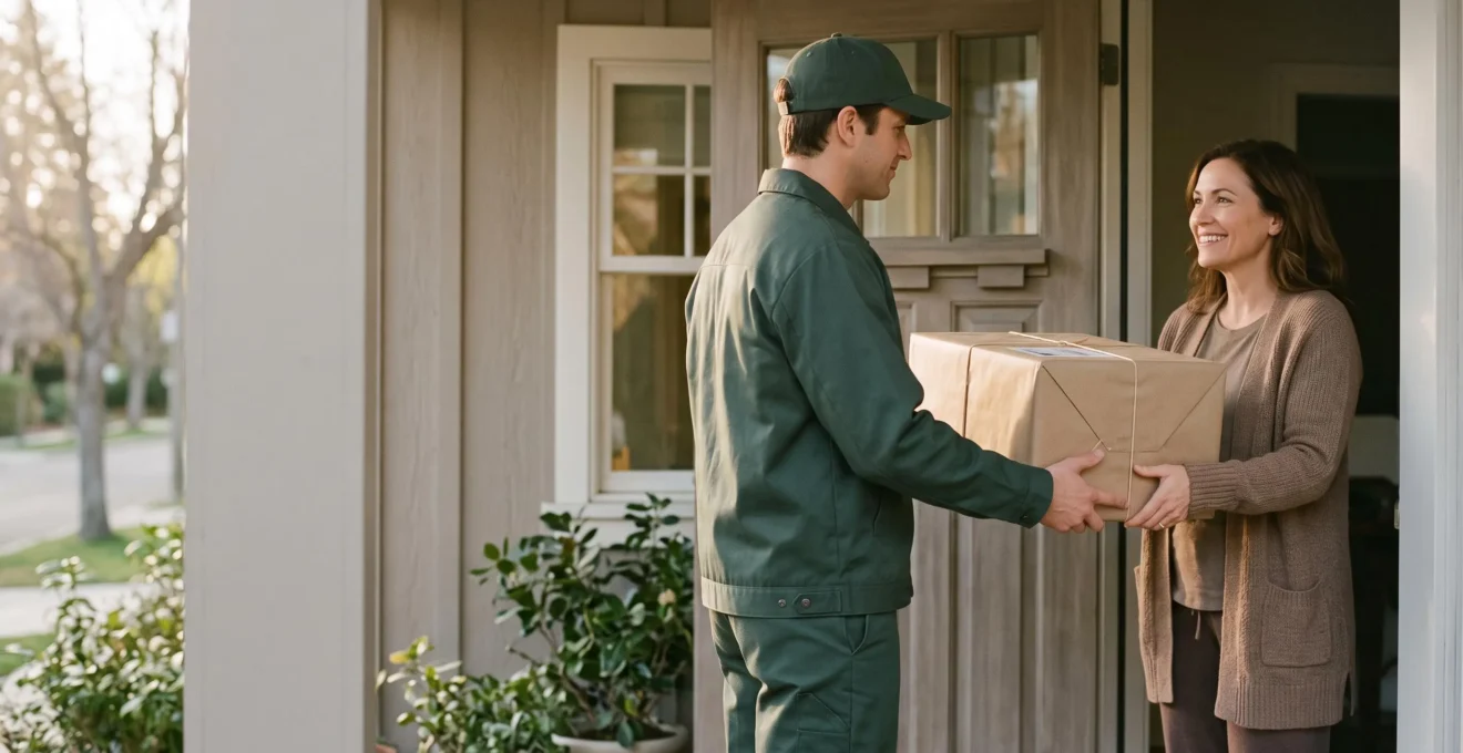 Livreur remettant un grand carton a un client devant une maison, symbole du dernier kilometre reussi pour un commerce