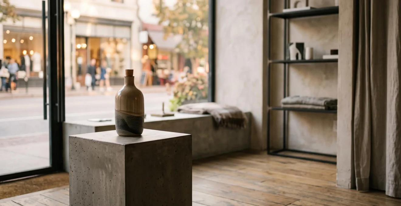 Vitrine de boutique élégante mettant en valeur un produit unique dans une lumière naturelle chaleureuse