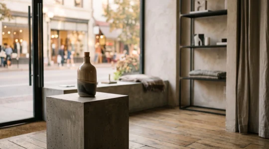 Vitrine de boutique élégante mettant en valeur un produit unique dans une lumière naturelle chaleureuse