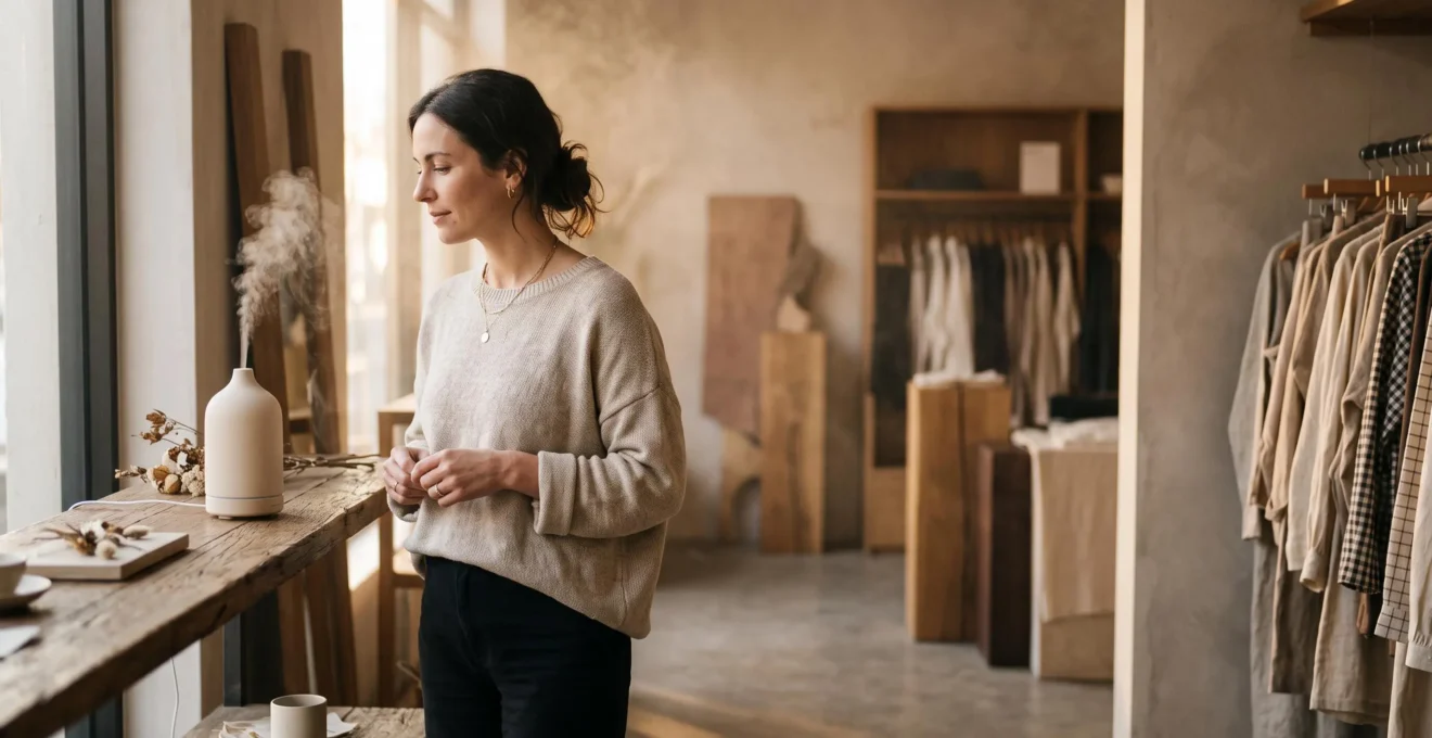 Cliente s'attardant dans une boutique baignée d'une lumière chaude, évoquant une ambiance olfactive enveloppante