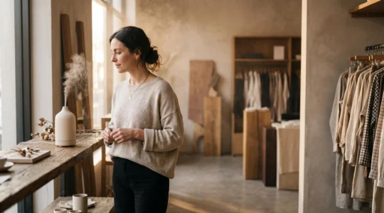 Cliente s'attardant dans une boutique baignée d'une lumière chaude, évoquant une ambiance olfactive enveloppante