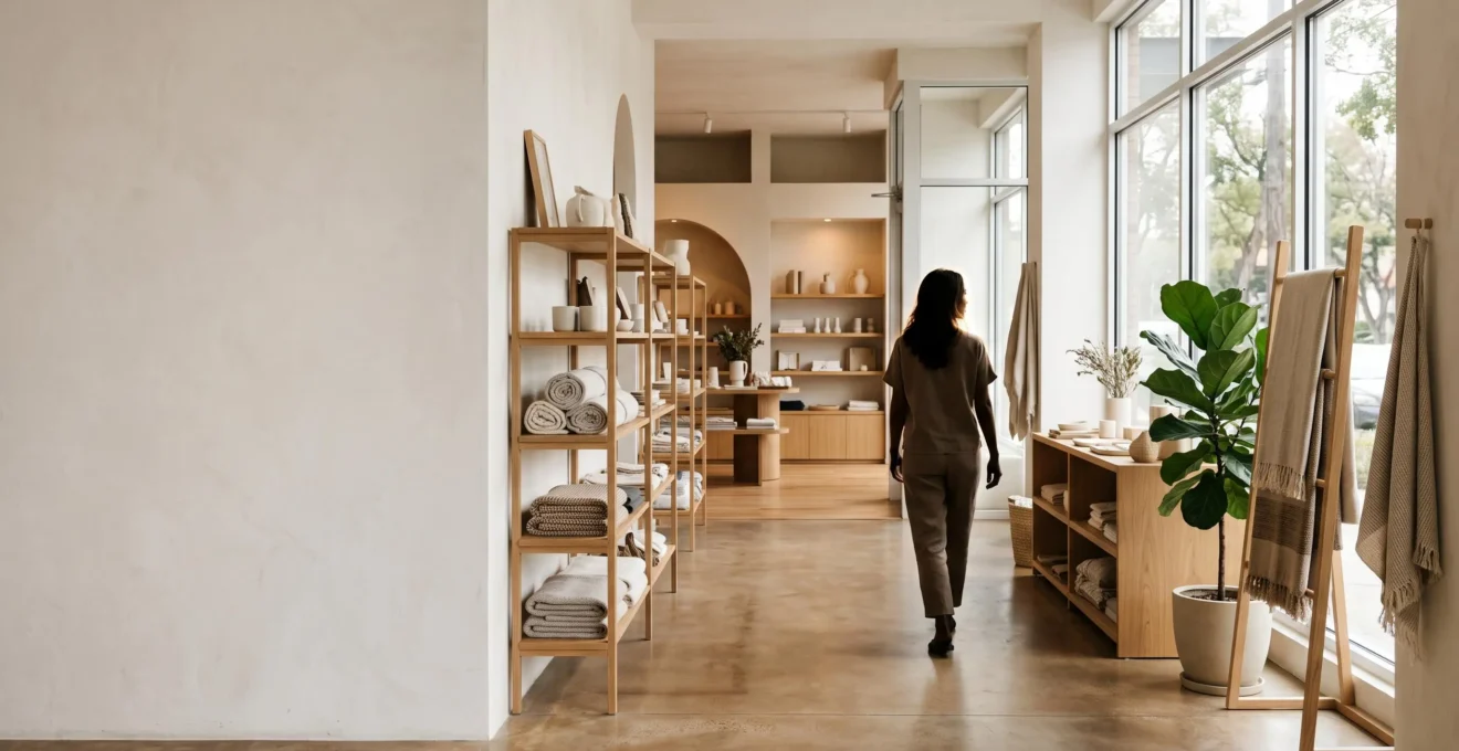 Client traversant une boutique lumineuse et harmonieusement agencée, symbolisant un parcours d'achat optimisé