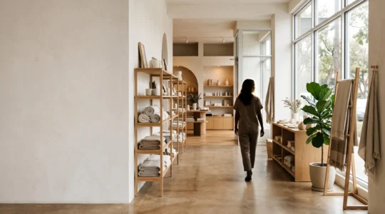Client traversant une boutique lumineuse et harmonieusement agencée, symbolisant un parcours d'achat optimisé