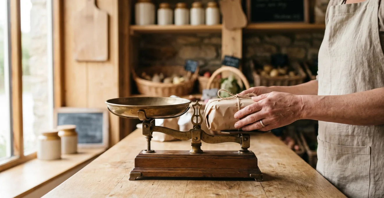 Commerçant pesant un produit sur une balance orientée vers le client dans une épicerie fine