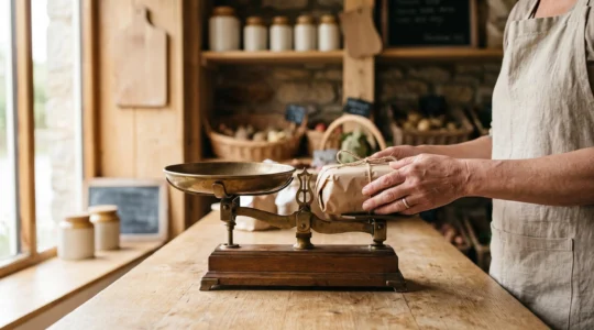 Commerçant pesant un produit sur une balance orientée vers le client dans une épicerie fine