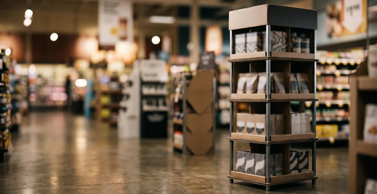 Présentoir PLV lumineux se distinguant au centre d'un rayon de magasin parmi d'autres supports promotionnels flous