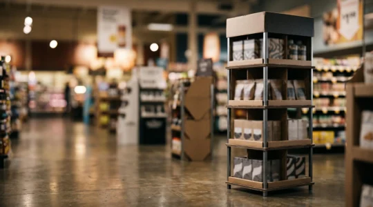 Présentoir PLV lumineux se distinguant au centre d'un rayon de magasin parmi d'autres supports promotionnels flous